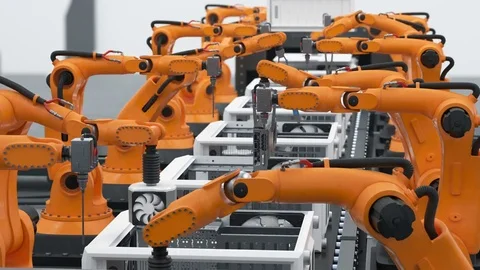 A Lot of Robotic Arms Assembling Computers On Conveyor Belt. Modern Advanced Stock Footage 83306268
