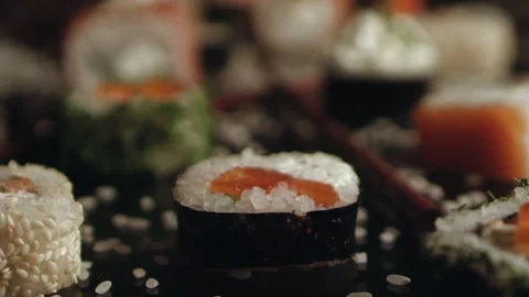 A lot of rolls in a sushi-bar Stock Footage 102708421