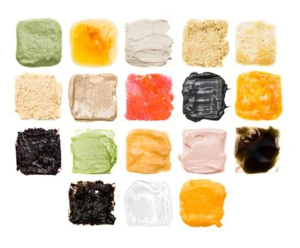 A lot of samples of different textures of cosmetics on a white background Stock Photos