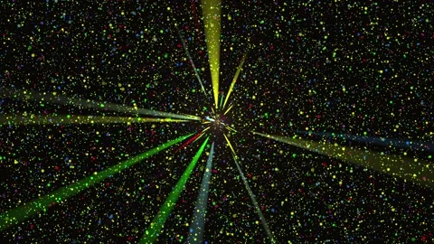 A lot of shining rays against the background of multicolored falling particles Stock Footage 106611810