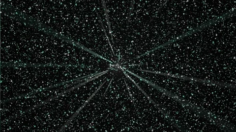 A lot of shining rays against the background of blue and white falling particles Stock Footage 106612483