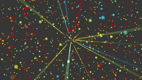 A lot of shining rays on the background of colored falling round particles Stock Footage 106609759