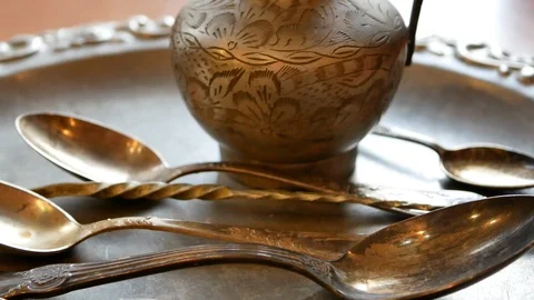 Lot of silverware with jug 库存影片 95888272