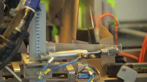A lot of Small Milk Packets being Pressed into the Cardboard boxes at a Factory Stock Footage 276316505