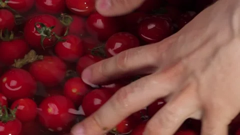 A lot of small red tomatoes are mixed in the water Stock Footage 142748975