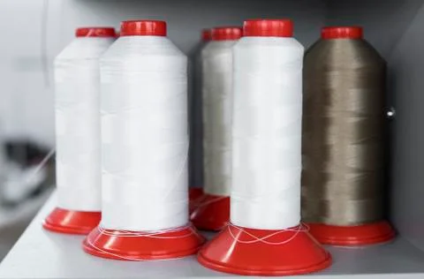 A lot of spools of thread for sewing clothes and shoes. Foto stock