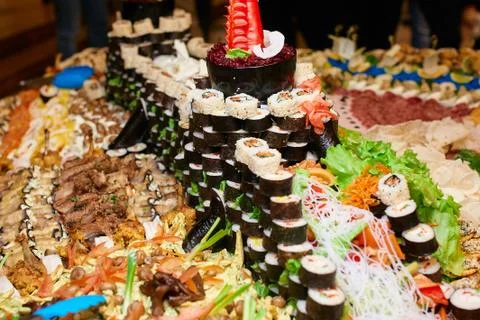 A lot of sushi on a table Foto stock