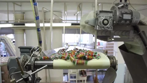A lot of sweets move along the conveyor falling from top to bottom. Stock Footage 128643237