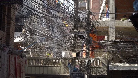 A lot of tangled electrical wires on the pole. Stock Footage