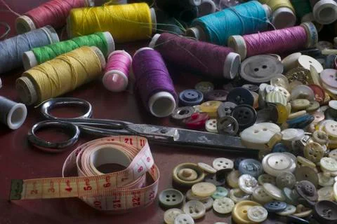 A lot of textile objects and tools Stock Photos