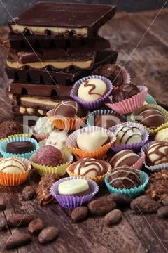 A lot of variety chocolate pralines, belgian confectionery gourmet chocolate Stock Photos