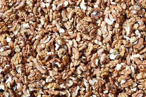 A lot of walnut kernels, top view 스톡 사진