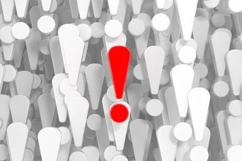 A Lot of White Exclamation Marks with One Red as Background. 3d Rendering Stock Illustration