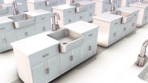 A lot of white Kitchen sinks in a row 4k Stock Footage 149304429