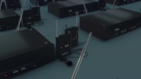 A lot of wireless camera microphones in a row 4k Stock Footage 150401916