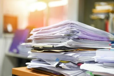Lot of work document file working stacks of paper files searching information Foto stock
