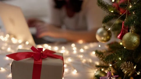 Lot of work during winter holidays concept decorated Christmas tree red gift Stock Footage 255982138
