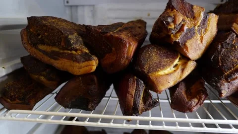 Lots of Austrian bacon in a fridge Video stock 147024329