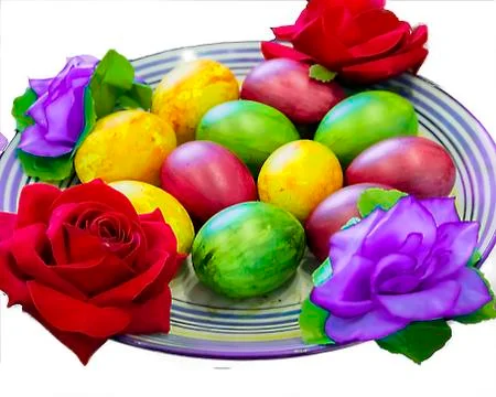 Lots of beautiful colorful Easter eggs on a plate Stock Photos
