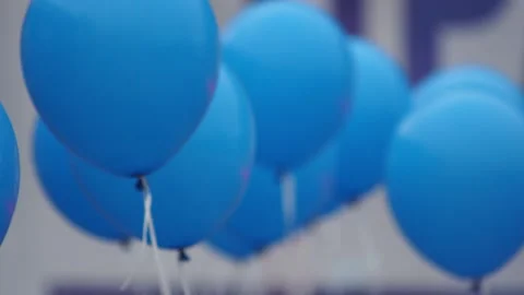 Lots of blue helium balloons on background, holiday decorations, close-up Stockbeeldmateriaal 306365186