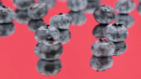 Lots of blueberries on red mirror. Extrem close-up. Side view. Stock Footage 162773667