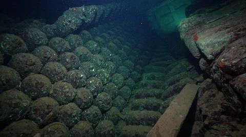 Lots of bombs, inside the Umbria shipwreck - Red sea, Sudan Stock Footage 67456220