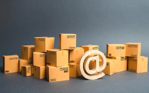 Lots of boxes and email symbol, commercial AT. shopping online. development.. Stock Photos