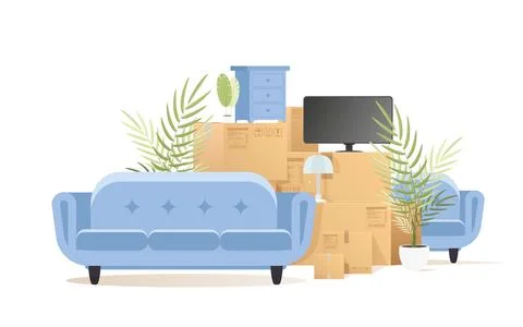 Lots of boxes and stuff. Moving house concept. Isolated on white background.  Ilustración de archivo