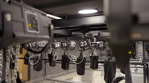 Lots of Ceiling Mounted Electric Chain Hoists Stock Footage 262111497