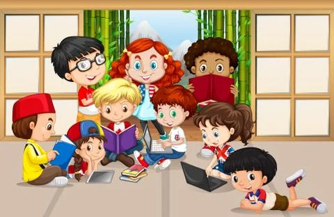 Lots of children reading and working on computer Stock Illustration