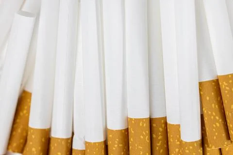 Lots of cigarettes on a pile close up. Harm of smoking Stock Photos