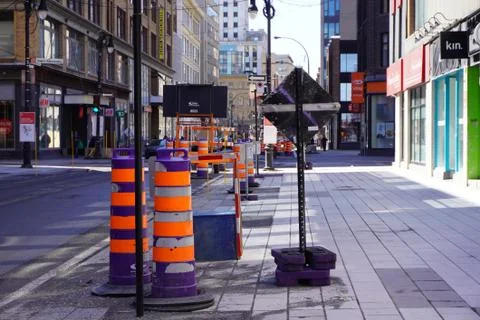 Lots of colored cones on St-Catherine street Stock Photos