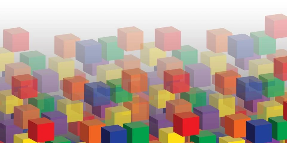 Lots of Colorful Abstract 3D Solid and Transparent Lit Cubes Pattern, Wide .. Illustrazione stock