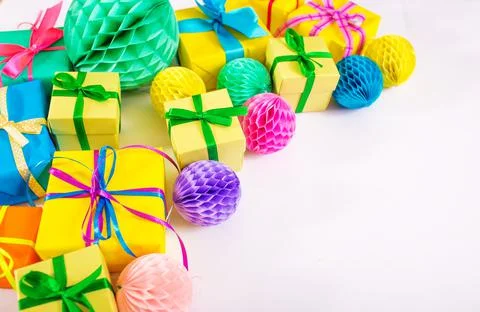 Lots of colorful boxes on a white background. Top view Stock Photos