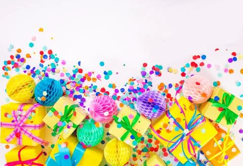 Lots of colorful boxes on a white background. Top view Stock Photos