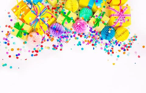 Lots of colorful boxes on a white background. Top view Stock Photos