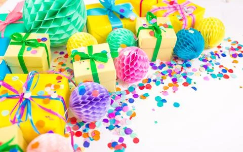 Lots of colorful boxes on a white background. Top view Stock Photos