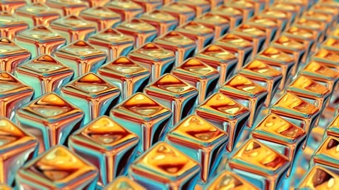 Lots of colorful metallic geometric objects move in dynamic 3d 4k loop animation Stock Footage 207744090