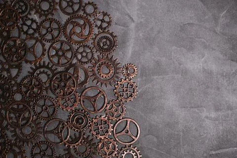 Lots of concrete-based gears.Background, gears and steampunk. Stock Photos
