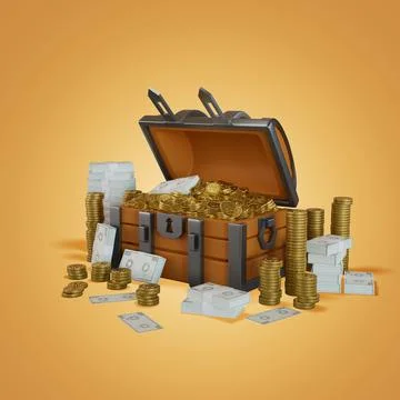 Lots of crypto coin treasure boxes 3D, Render, illustration Stock Illustration