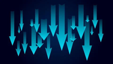 Lots of cyan arrows pointing down on dark blue background. Symbol of falling  Stock Illustration