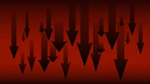 Lots of dark arrows pointing down on dark red background. Falling market Stock Illustration