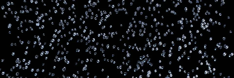 Lots of diamonds of various sizes falling from above with a black backgroun.. Ilustração Stock
