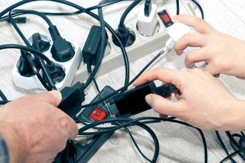 Lots of electrical outlets-enabled devices. Power saving Stock Photos