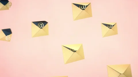 Lots of flying and rotating mail envelopes with golden email symbol Stock Footage 129888066
