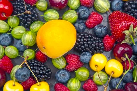 Lots of fresh different berries. useful vitamin healthy food fruit Stock Photos