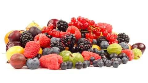 Lots of fresh different berries on a white background Stock Photos