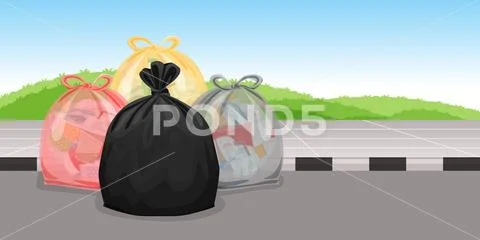 Lots of garbage bags plastic waste at walkway floor, many trash bag plastic, Stock Illustration