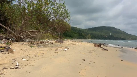 Lots of garbage trash on a beach shore in Phu Quoc Vietnam Asia polluted ocean g Stock Footage 124603096