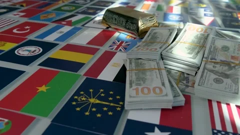 Lots of Gold and Dollars on World Flags 스톡 동영상 210235253